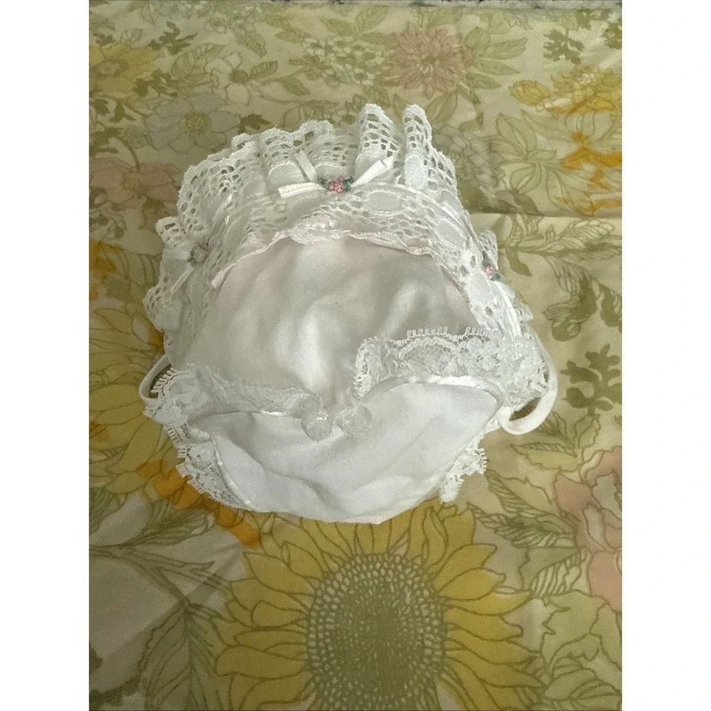 Eyelet Lace White Cotton Baby Bonnet Hook & Loop Chin Strap
